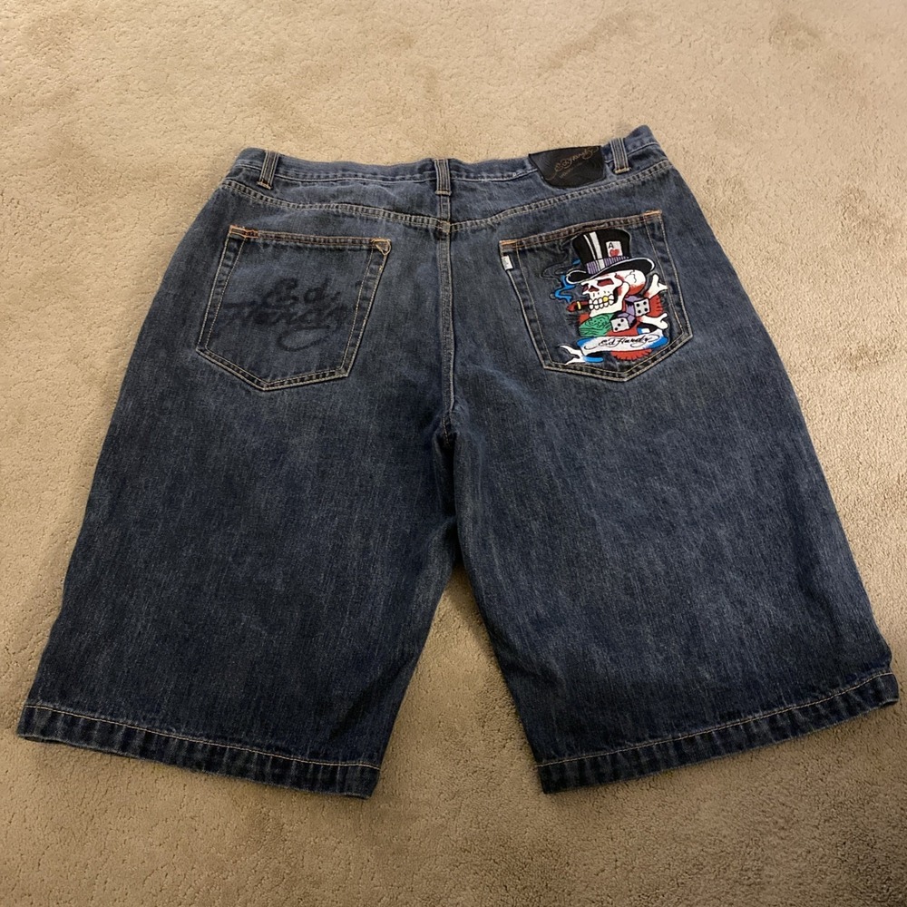 VINTAGE Y2K MEN'S ED HARDY DENIM JORTS SIZE 42 EMBROIDERED SKULL BUTTON FLY